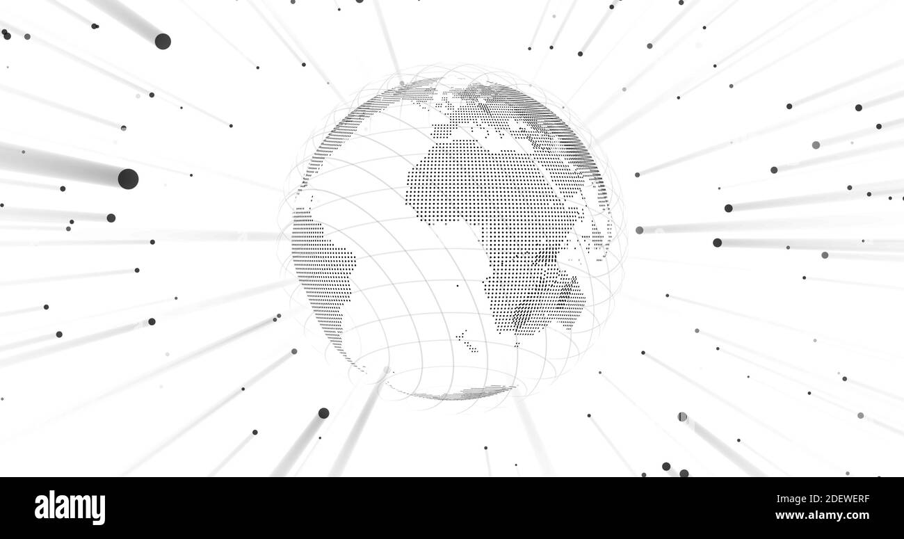 Isolant de masse Techy sur blanc. Terre noire et blanche. Particule de point montrant la connectivité Internet dans le monde entier. idéal pour la présentation vidéo Banque D'Images