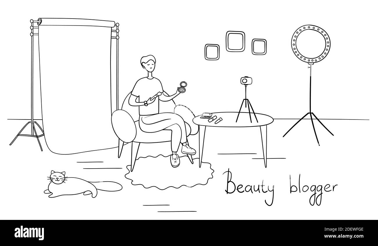 Un homme d'influence réalise un examen des produits cosmétiques. Blog de beauté masculin filmant maquillage tutoriel sur l'appareil photo. Le jeune homme enregistre de la vidéo pour ses disciples Illustration de Vecteur