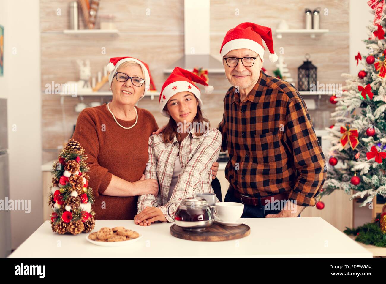 Joyeux famille de plusieurs générations portant chapeau de père noël appréciant noël avec une petite fille souriant à l'appareil photo. Heureux amoureux grands-parents célébrant les vacances d'hiver et la relation avec la petite-fille à la maison avec la décoration de Noël. Banque D'Images