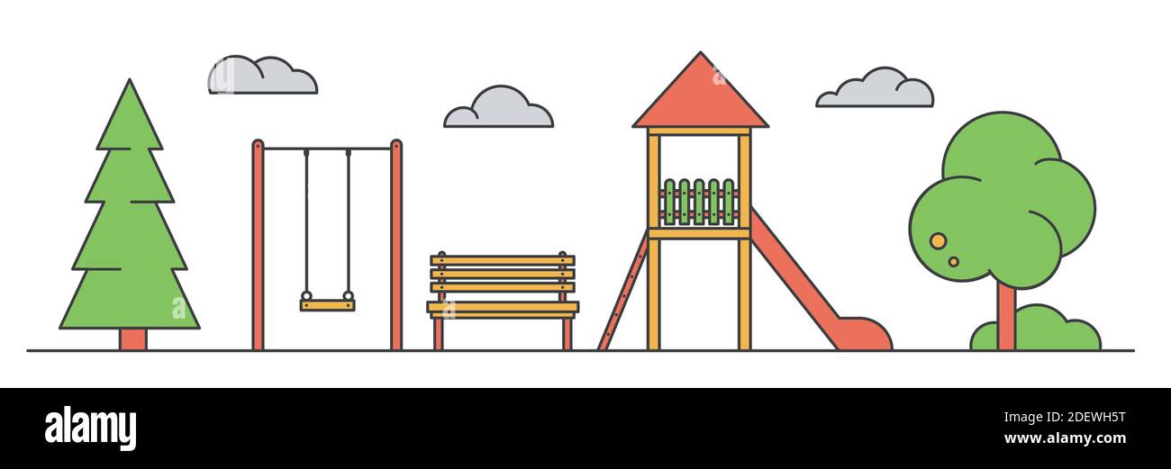 Aire de jeux pour enfants. Le paysage du parc avec balançoire, banc et toboggan. Illustration à vecteur de couleur isolée sur fond blanc. Illustration de Vecteur