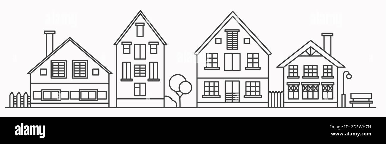 Paysage urbain linéaire avec plusieurs maisons en rangée. Illustration du contour. Vieux bâtiments dans le quartier. Vecteur. Illustration de Vecteur