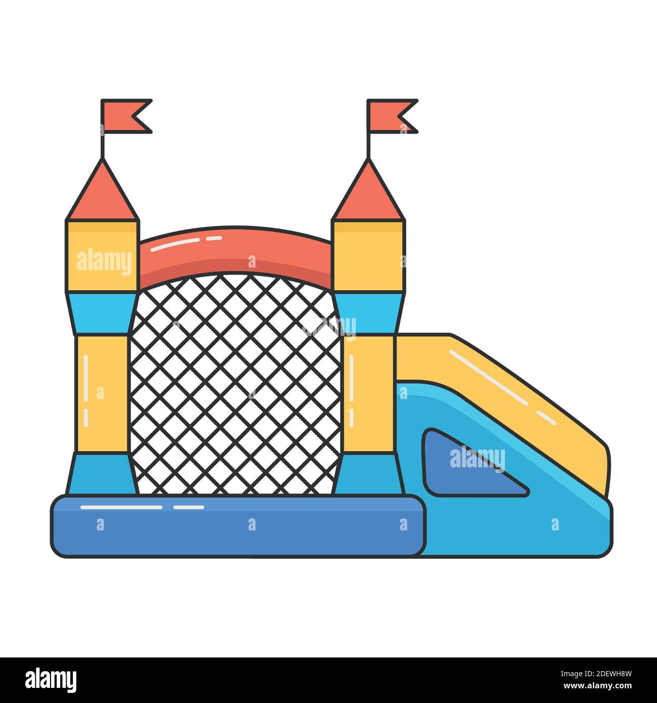 Château gonflable. Tour et équipement pour aire de jeux pour enfants. Illustration de ligne vectorielle isolée sur fond blanc. Illustration de Vecteur