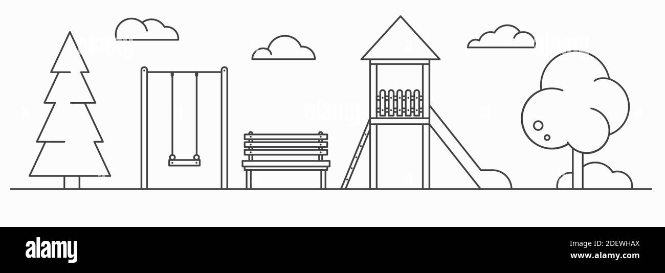 Aire de jeux pour enfants. Illustration de dessin au trait. Paysage de parc avec balançoire, banc et toboggan. Illustration vectorielle isolée sur fond blanc Illustration de Vecteur