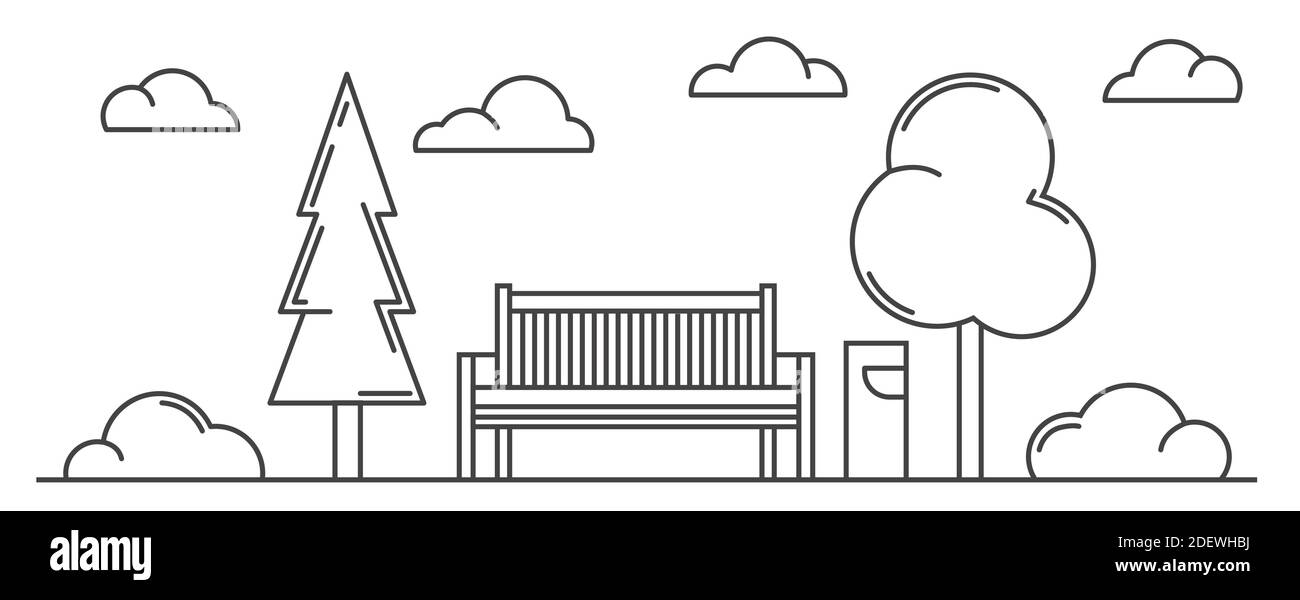 Parc de la ville, banc, feux et arbres. Esquisse de paysage. Illustration vectorielle monochrome graphique au trait horizontal créative sur fond blanc. Illustration de Vecteur
