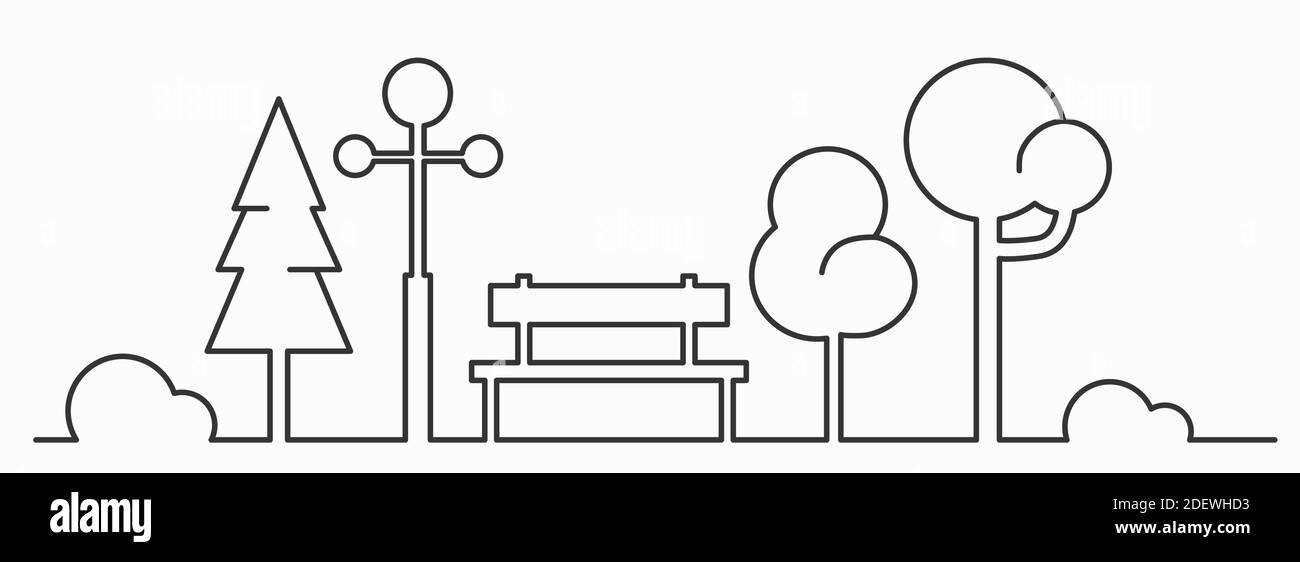 Parc de la ville, banc, feux et arbres. Esquisse de paysage. Illustration vectorielle horisontale créative sur fond blanc. Illustration de Vecteur
