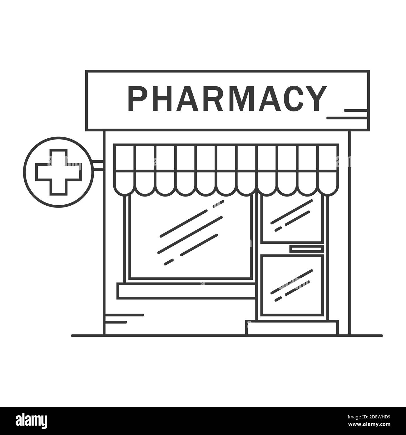Concept de médecine de ligne de construction de pharmacie. Le formulaire architectural peut être utilisé pour la conception de sites Web, les infographies et comme icône. Illustration vectorielle. Illustration de Vecteur