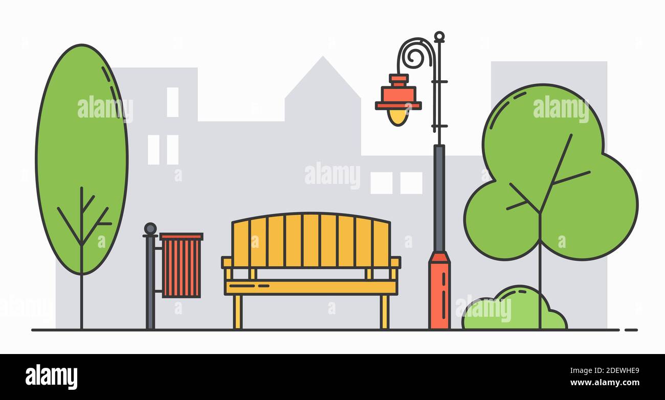 Parc de la ville, banc, lumières et arbres. Esquisse de paysage. Illustration vectorielle horisontale créative sur fond blanc. Illustration de Vecteur
