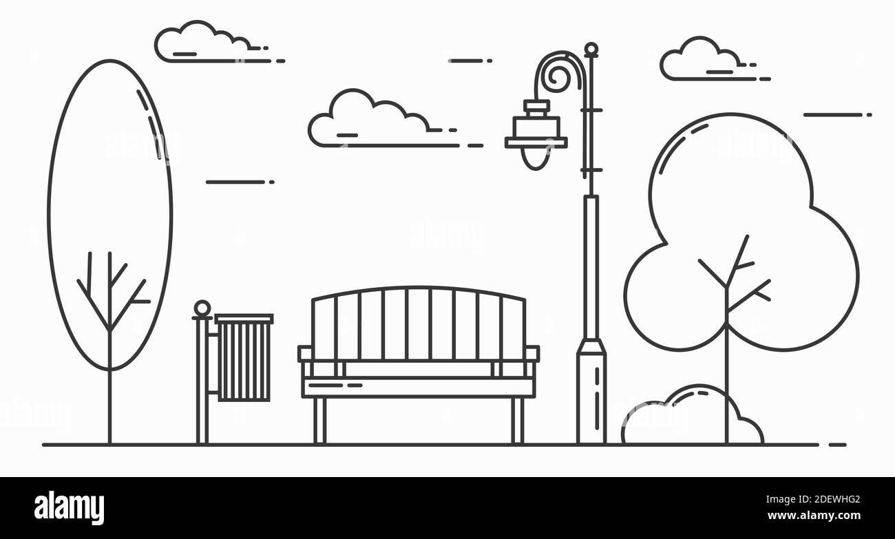 Parc de la ville, banc, feux et arbres. Esquisse de paysage. Illustration vectorielle monochrome graphique au trait horizontal créative sur fond blanc. Illustration de Vecteur