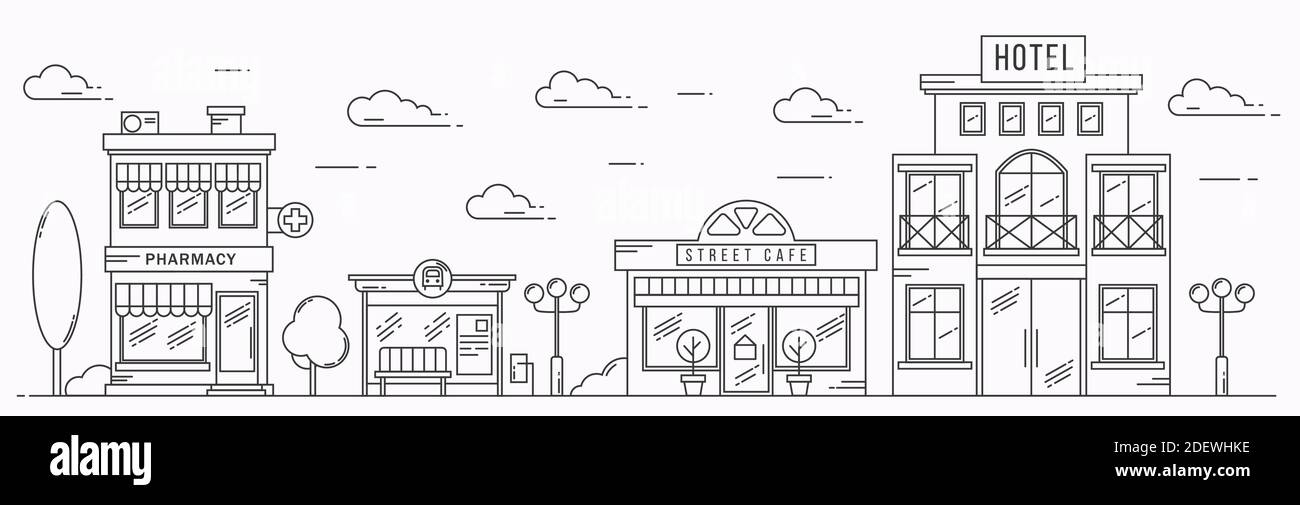 Paysage vectoriel en style dessin au trait. Délimiter la rue avec des maisons, des bâtiments, des arbres et des nuages. Café, pharmacie, hôtel et arrêt de bus. Illustration isolée o Illustration de Vecteur