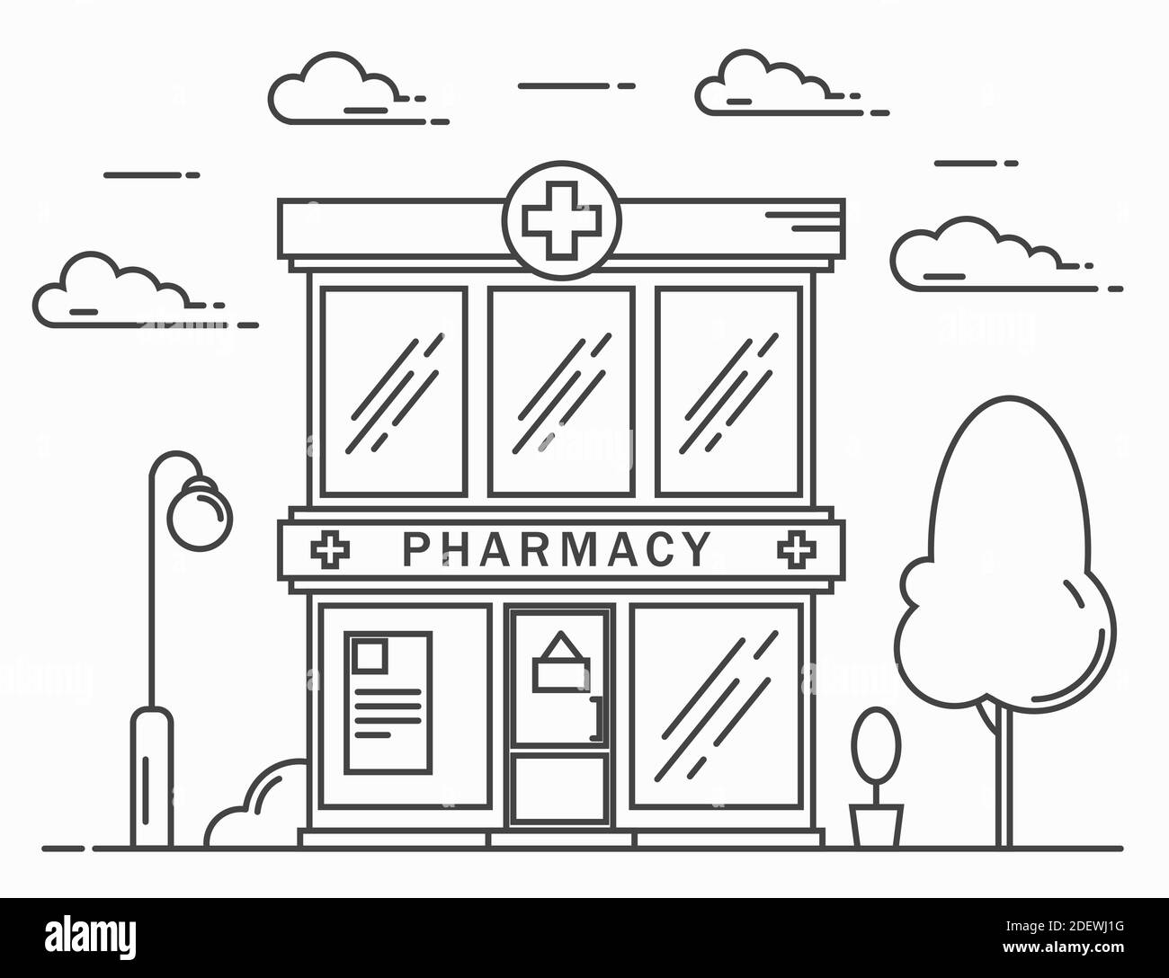 Concept de médecine de ligne de construction de pharmacie. Le formulaire architectural peut être utilisé pour la conception de sites Web, l'infographique. Illustration vectorielle Illustration de Vecteur