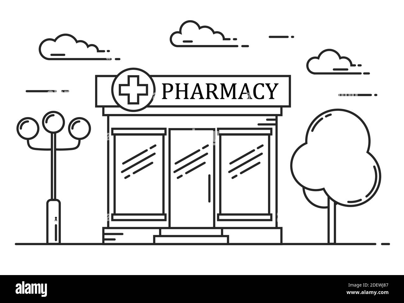 Concept de médecine de ligne de construction de pharmacie. Le formulaire architectural peut être utilisé pour la conception de sites Web, l'infographique. Illustration vectorielle Illustration de Vecteur