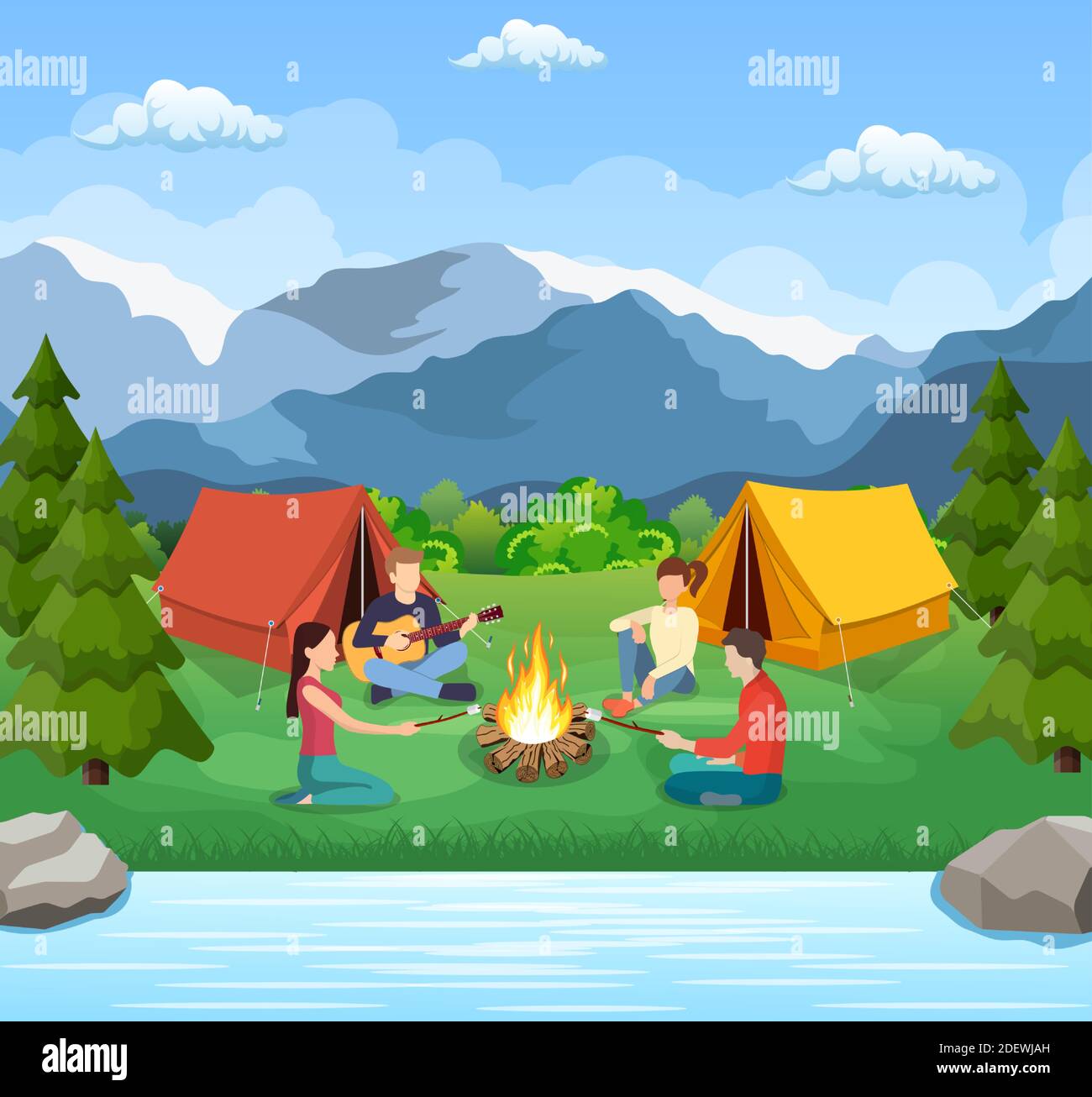 Un groupe de jeunes sont assis autour d'un feu de camp Illustration de Vecteur Un groupe de jeunes sont assis autour d'un feu de camp Illustration de Vecteur