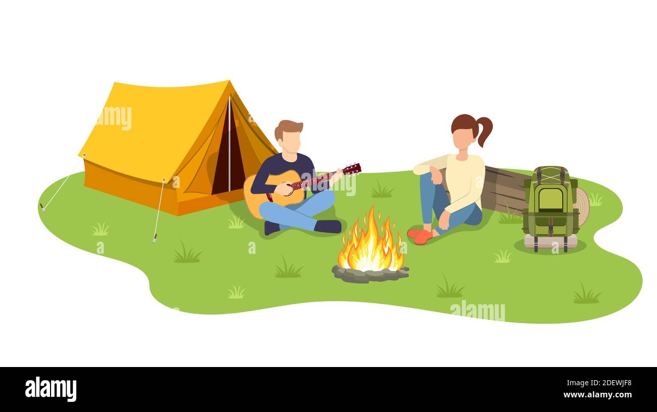 Un groupe de jeunes sont assis autour d'un feu de camp Illustration de Vecteur