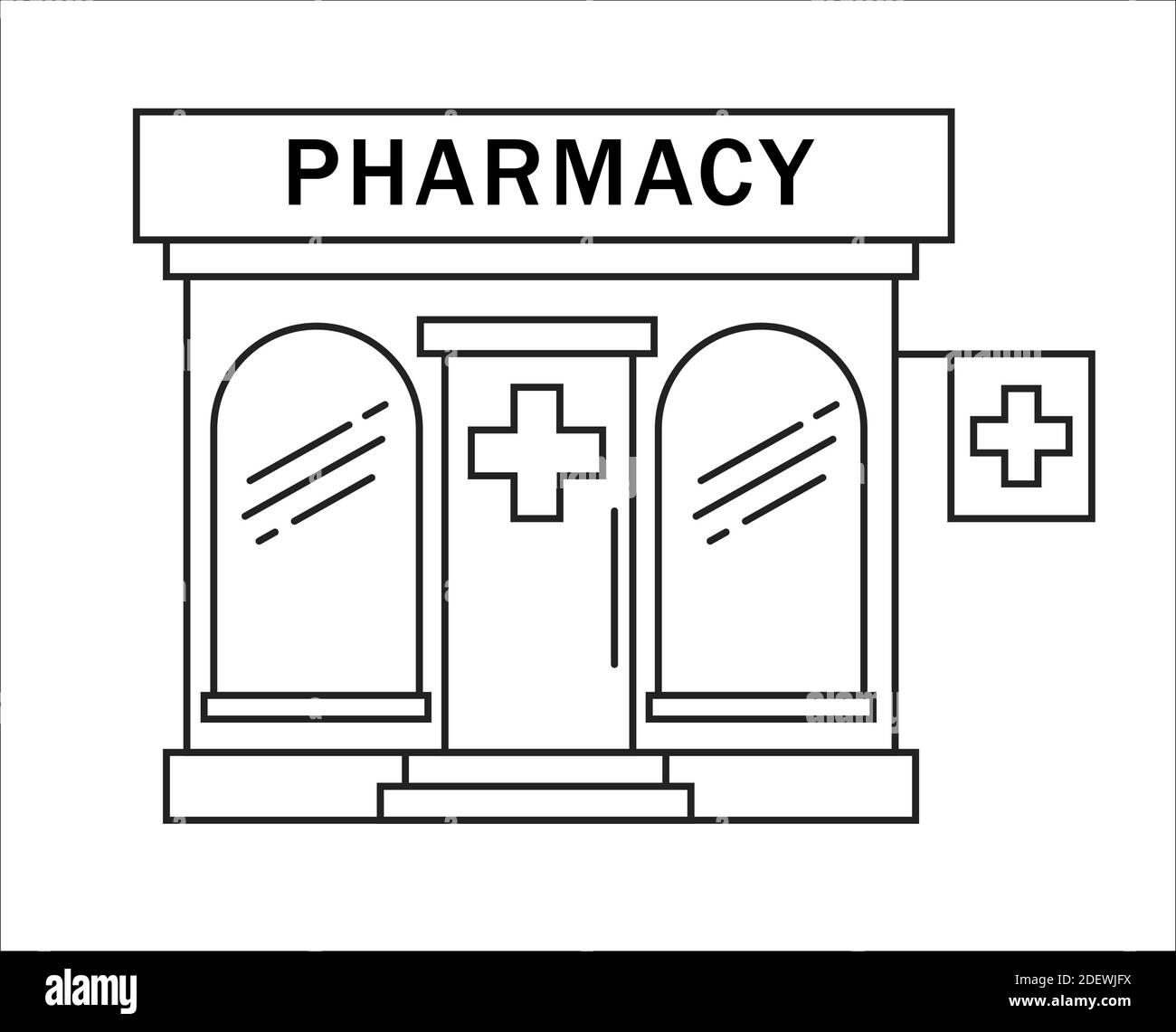 Concept de médecine de ligne de construction de pharmacie. Le formulaire architectural peut être utilisé pour la conception de sites Web, les infographies et comme icône. Illustration vectorielle. Illustration de Vecteur