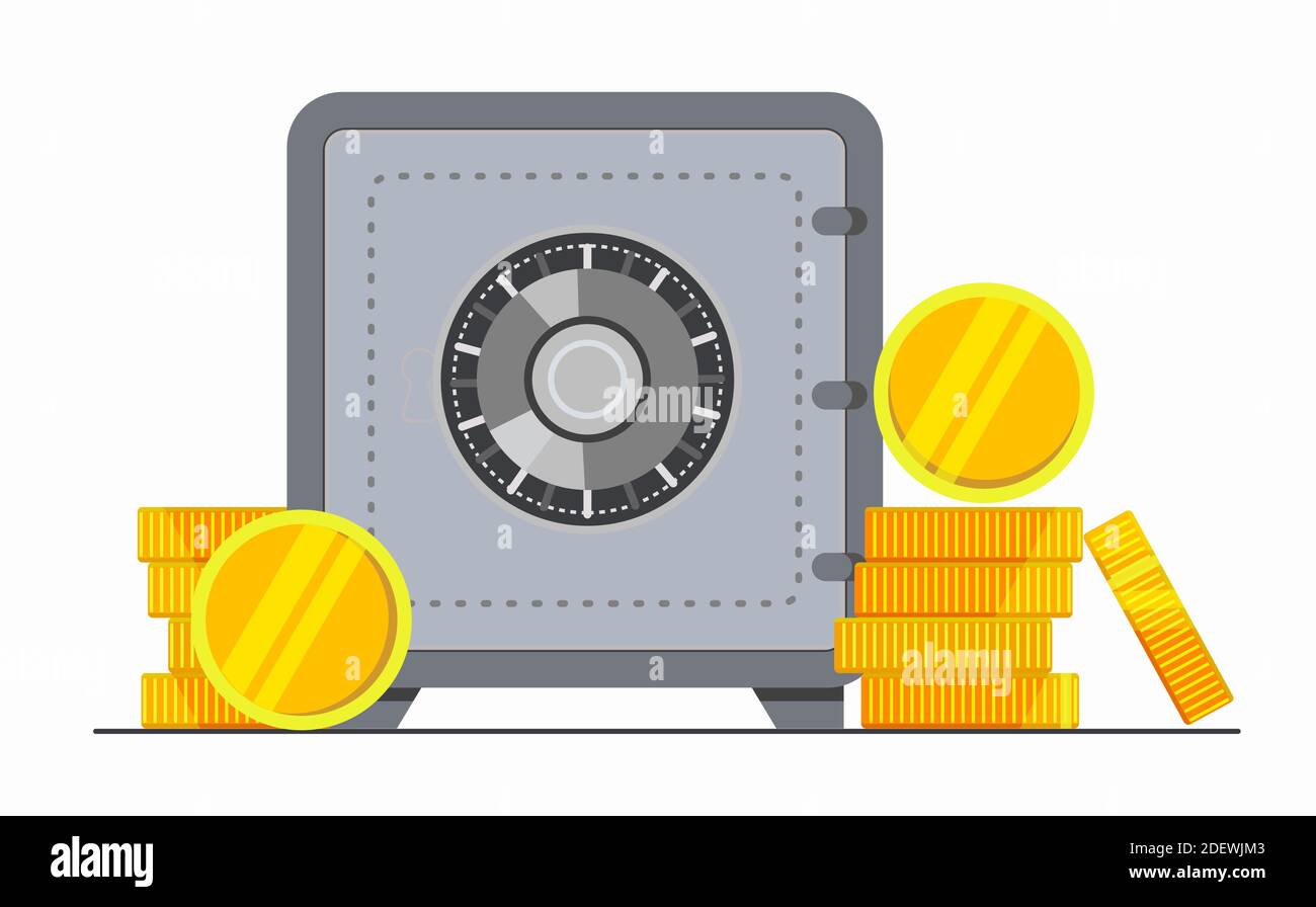 Coffre-fort bancaire avec argent et pièces. Sécurité économies d'argent et concept de protection de l'argent. Illustration vectorielle plate. Illustration de Vecteur