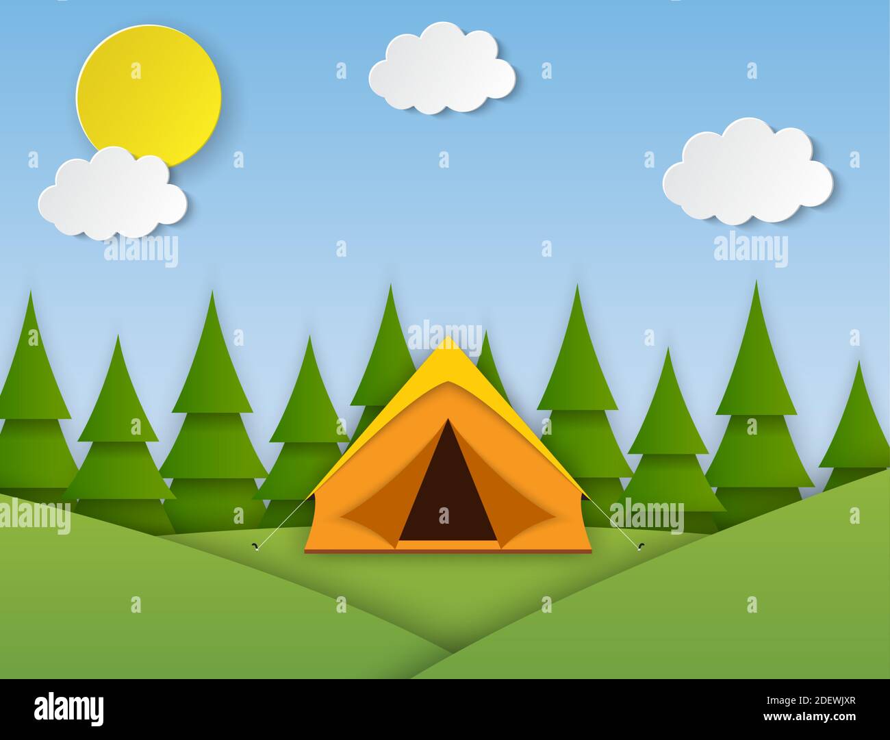 Camp d'été. Paysage avec tente jaune, Illustration de Vecteur