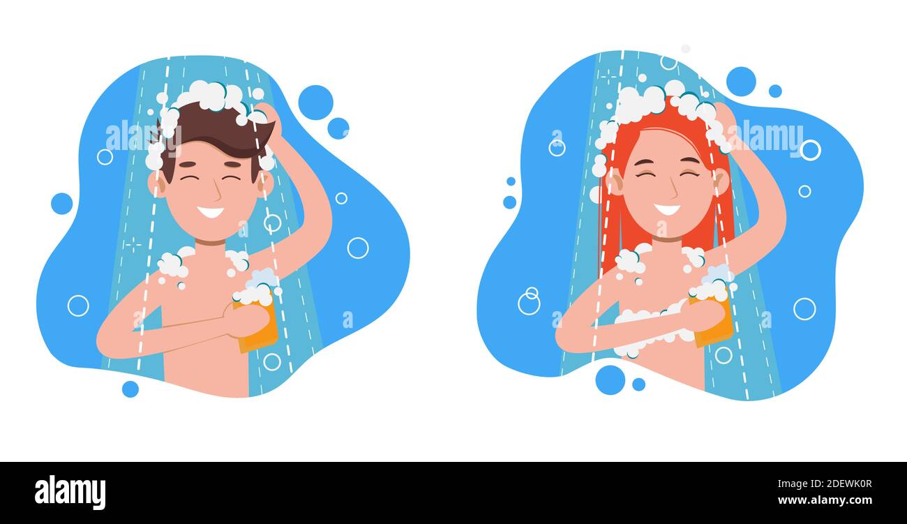 Femme et homme prenant la douche du matin dans la salle de bains. Lave la tête, les cheveux et le corps avec du shampooing et du savon. Illustration de caractères vectoriels dans un style de dessin animé plat Illustration de Vecteur