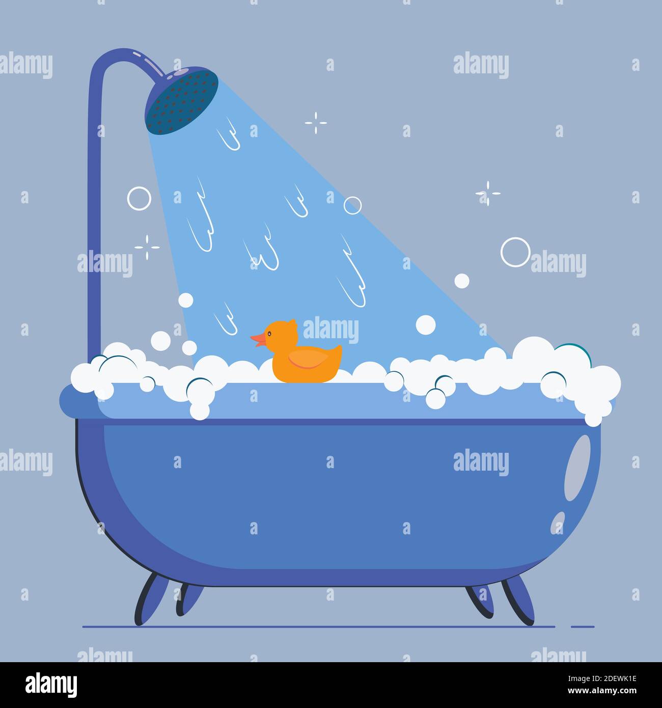Illustration du vecteur temps de bain avec baignoire et canard en  caoutchouc jaune. Mousse d'eau à bulles dans le bain et le jouet.  Illustration plate de dessin animé Image Vectorielle Stock -