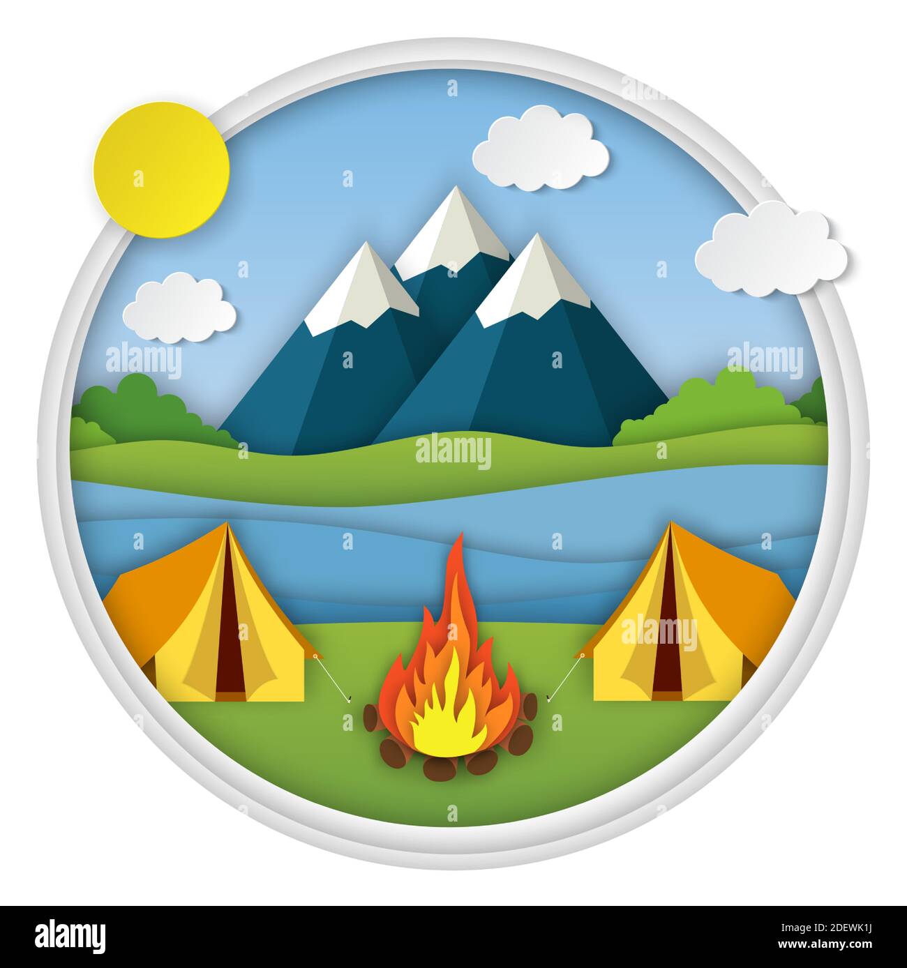 Camp d'été. Paysage avec tente jaune, Illustration de Vecteur