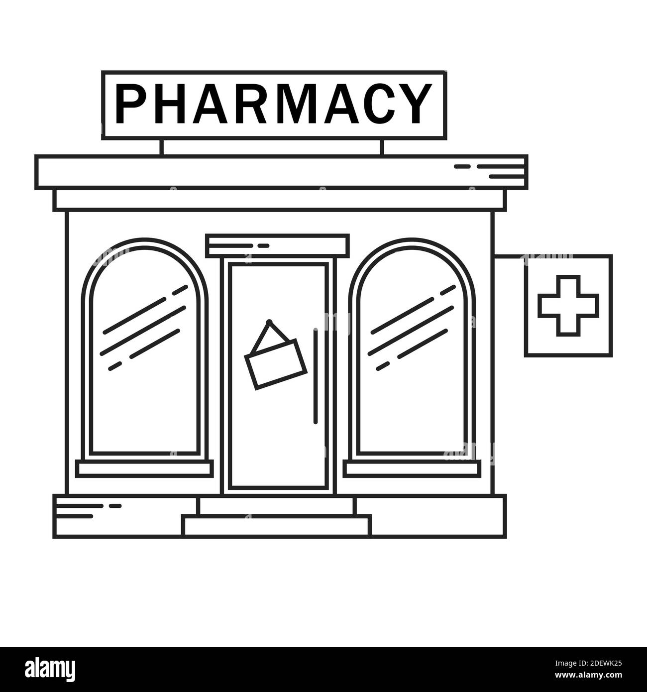 Concept de médecine de ligne de construction de pharmacie. Le formulaire architectural peut être utilisé pour la conception de sites Web, les infographies et comme icône. Illustration vectorielle. Illustration de Vecteur