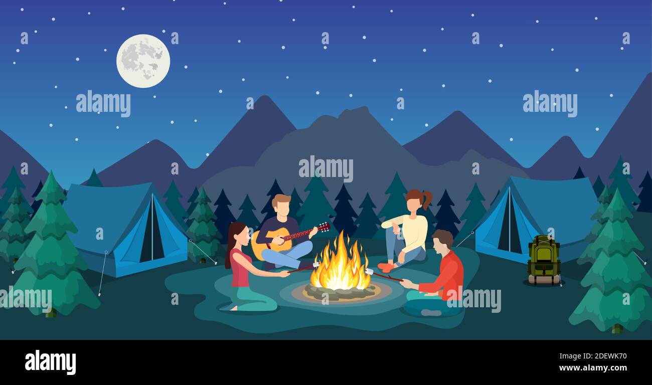 Un groupe de jeunes sont assis autour d'un feu de camp Illustration de Vecteur Un groupe de jeunes sont assis autour d'un feu de camp Illustration de Vecteur