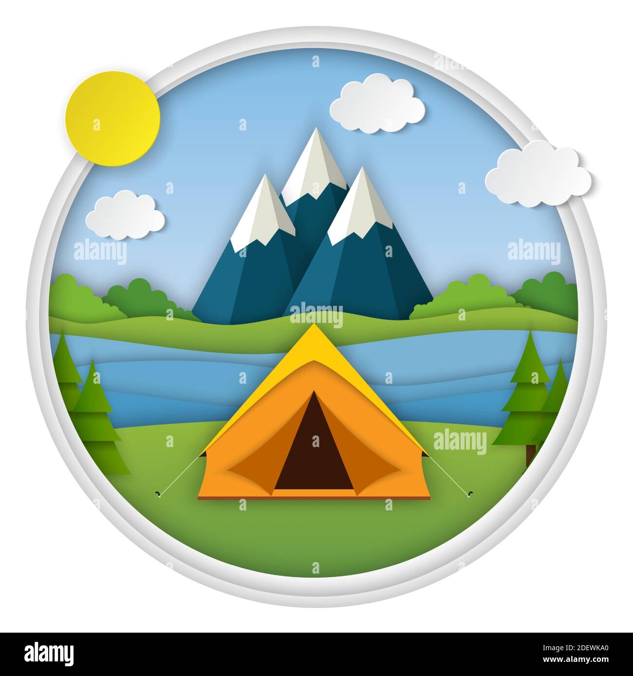 Camp d'été. Paysage avec tente jaune, Illustration de Vecteur