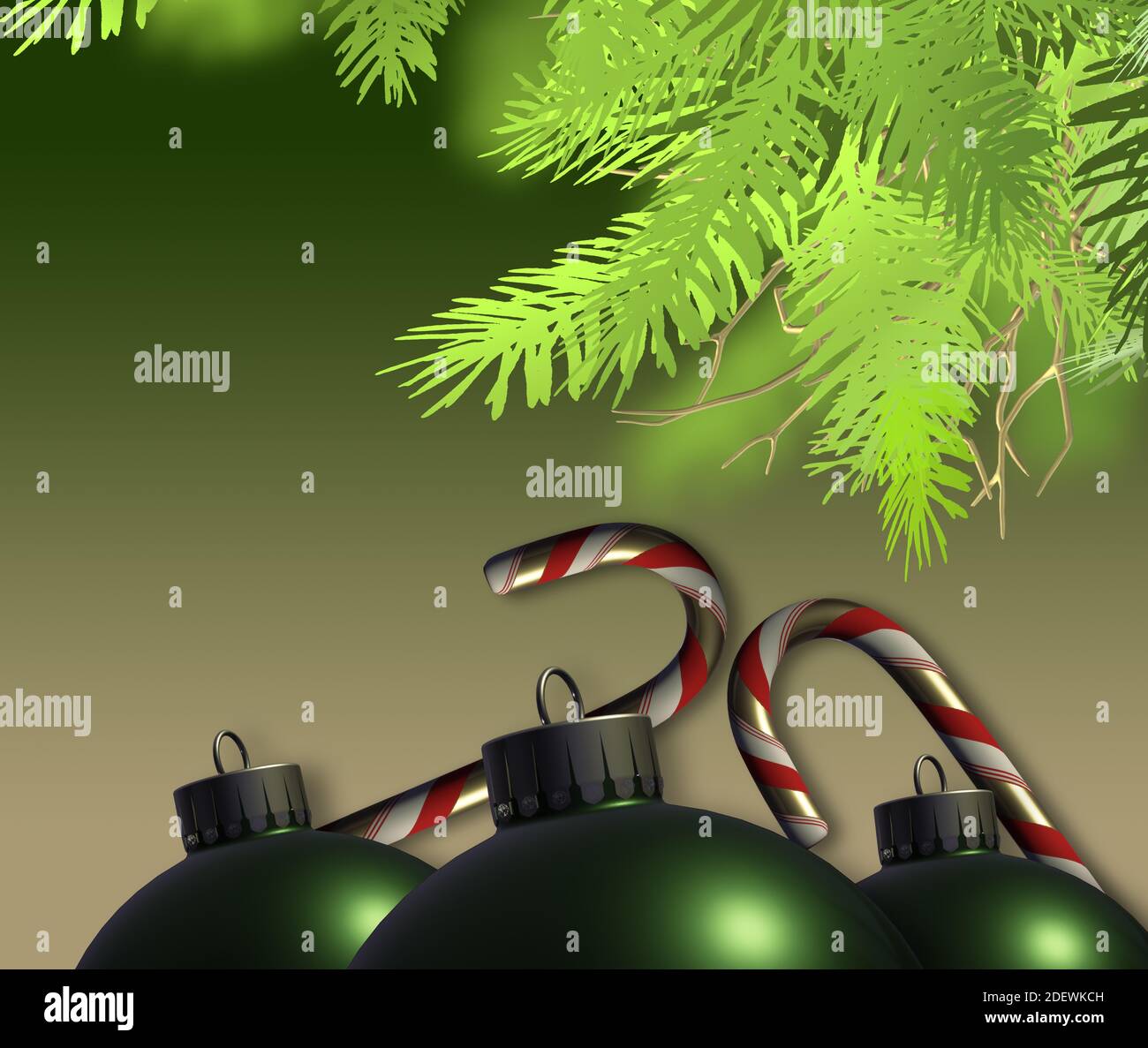 Motif Joyeux Noël avec boules réalistes. Gros plan boules de Noël réalistes boules de boules sur fond sombre, branches de sapin, canne de sucre doré, lueur magique. Placer pour le texte. Illustration 3D Banque D'Images