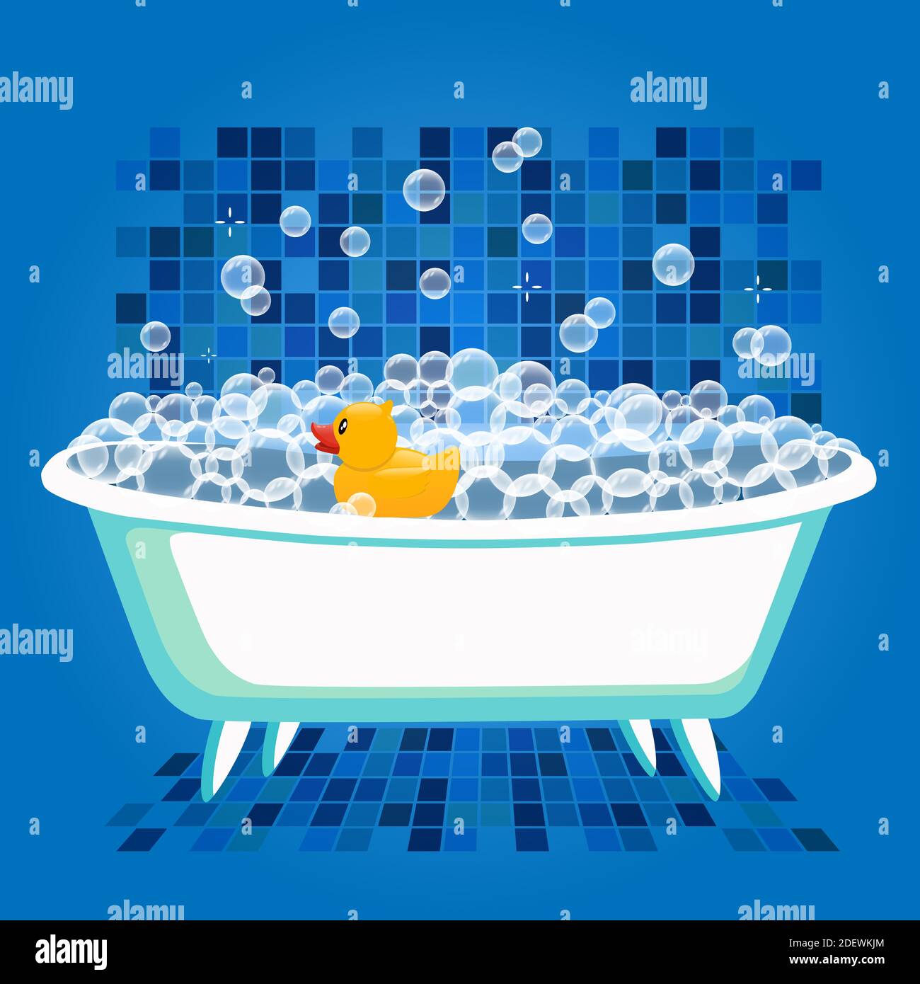 Illustration du vecteur temps de bain avec baignoire et canard en  caoutchouc jaune. Mousse d'eau à bulles dans le bain et le jouet.  Illustration plate de dessin animé Image Vectorielle Stock -