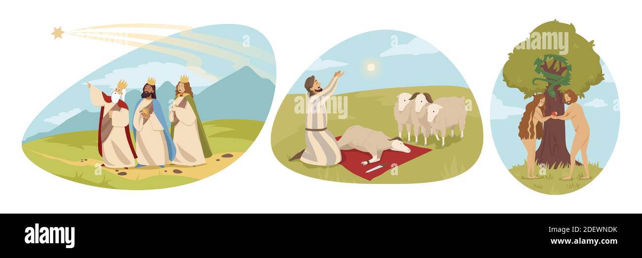 Religion, christianisme, concept de l'ensemble de la bible. Série biblique religieuse d'Adam et Eve dans le jardin d'Eden et trois rois suivant l'étoile de Bethléem. Arabe musulman berger célébrant KUrban Bairam. Illustration de Vecteur