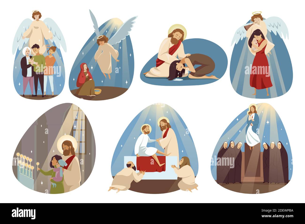 Religion, bible, concept de l'ensemble du christianisme. Collection angle Jésus Chrsit fils de dieu Marie vierge personnage biblique religieux aider les gens et faire le miracle. Bénédiction divine et vacances catholiques. Illustration de Vecteur