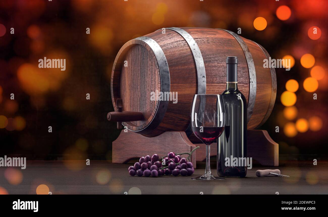 Verre de vin et bouteille. Vin de composition rustique avec verre, bouteille et tonneau. Délicieux alcool de vin rouge à proximité avec des sparkles de bokeh. rendu 3d. Banque D'Images