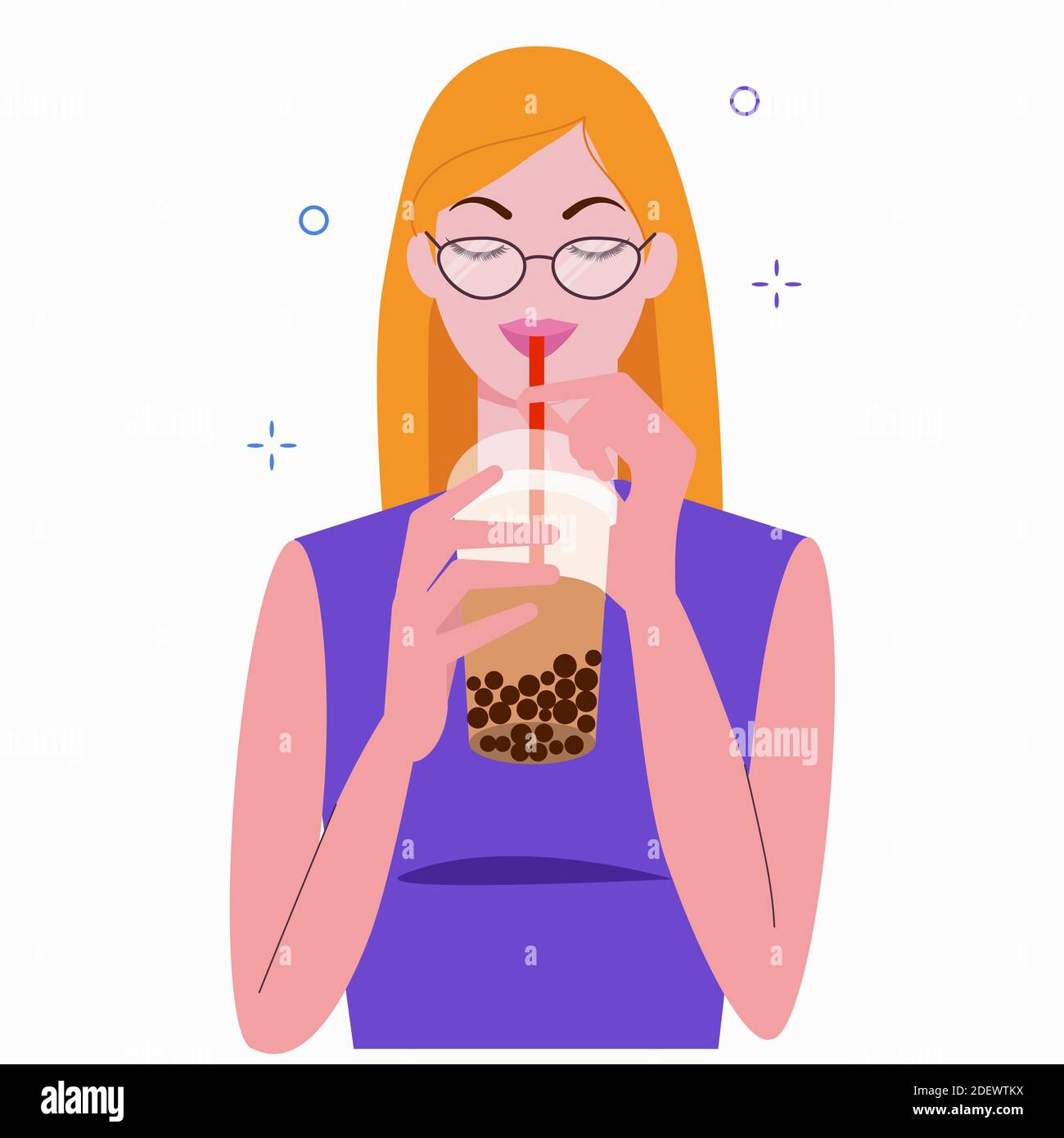 Une jeune femme boit du thé au lait. Boba tapioca à la fois populaire et célèbre boisson tapioca et perles noires. Illustration vectorielle plate de dessin animé. Illustration de Vecteur