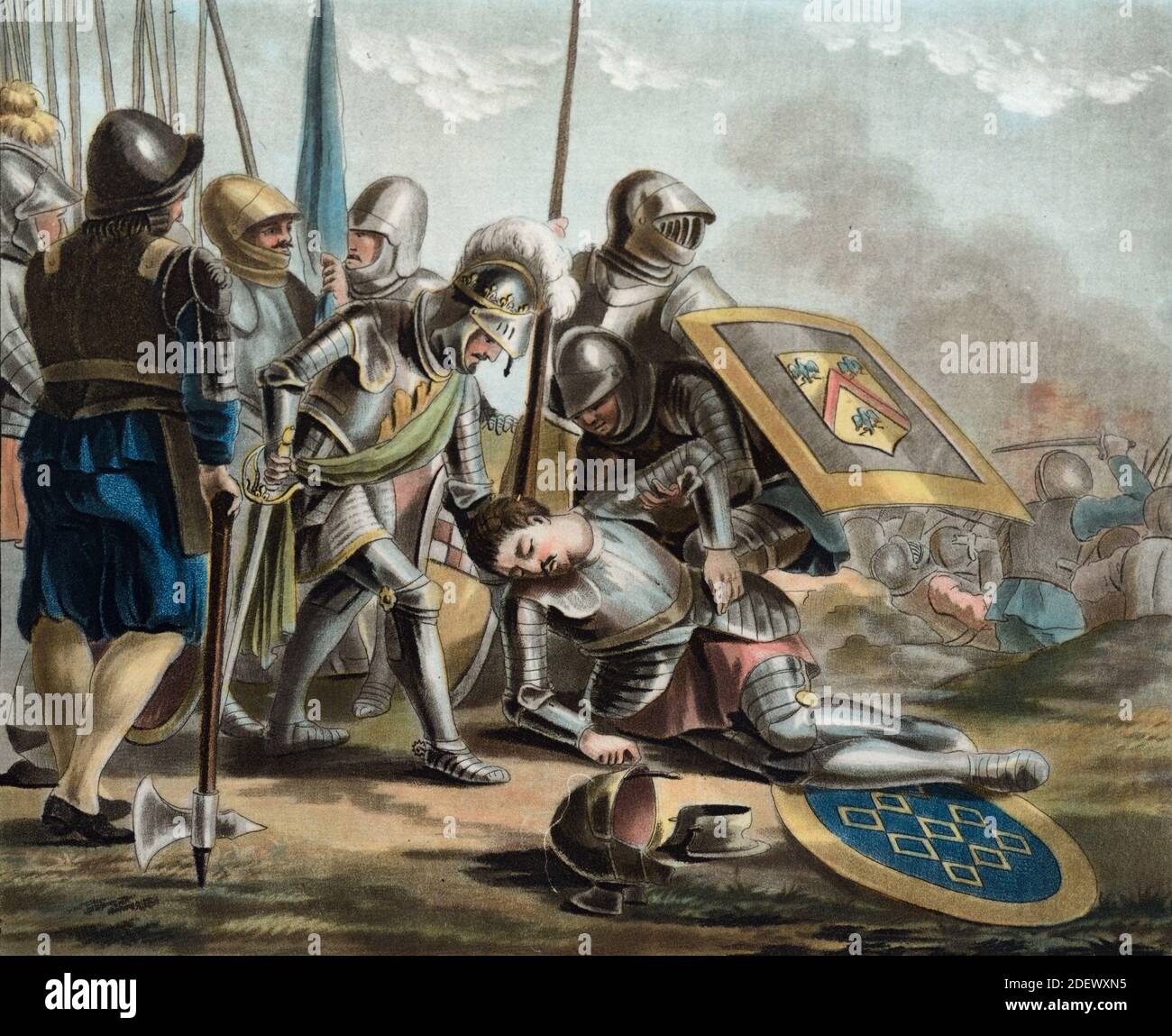 Décès de Jean de Carcado de Molac (c1475-1525) de Bretagne Tué à la bataille de Pavie 1525 Italie Lombardie pendant la Guerre italienne (1521-1526) (Engr 1788) (Sergent-Moret) Illustration ou gravure Banque D'Images