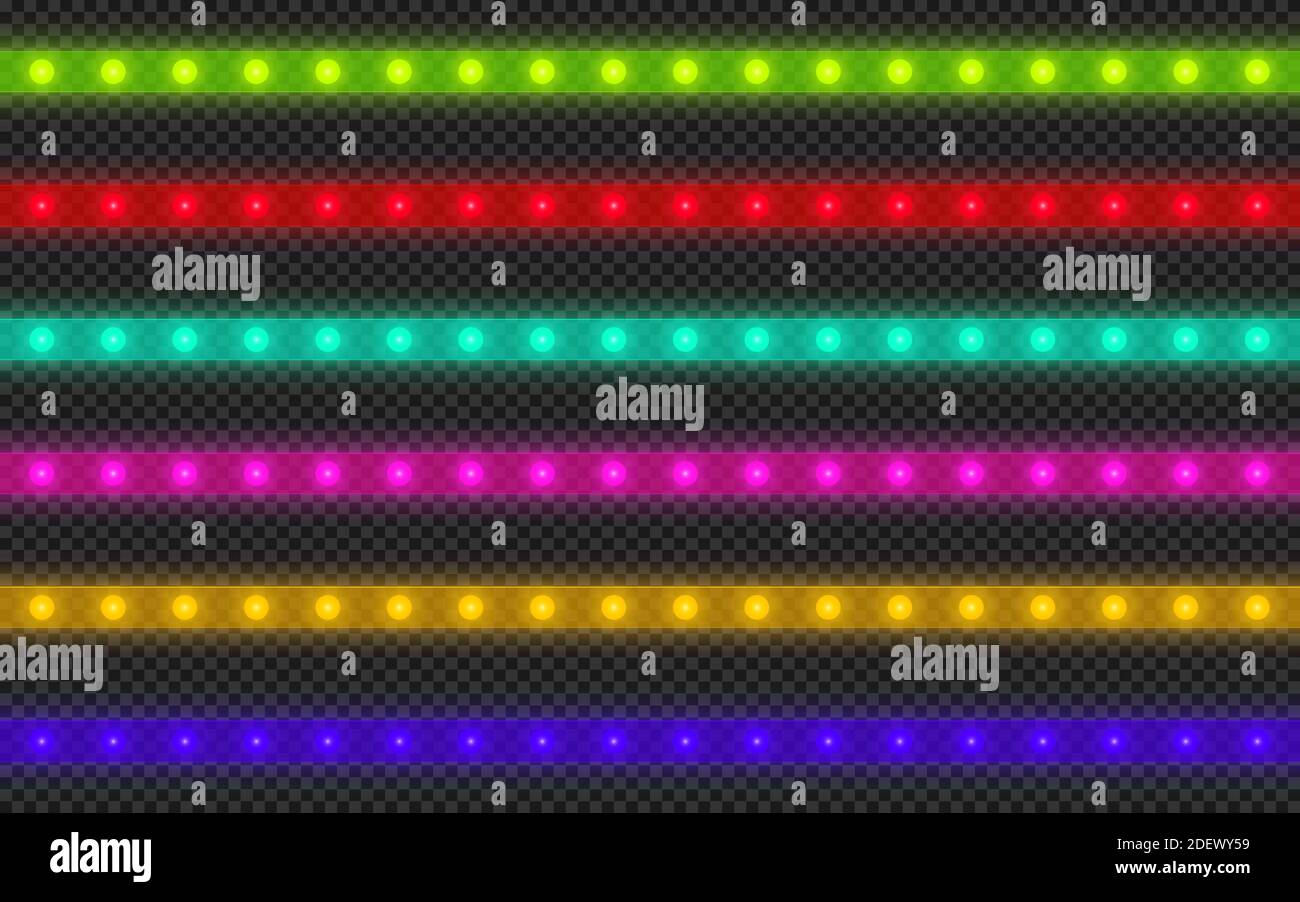 Bande LED réaliste de différentes couleurs sur fond transparent. Illustration de Vecteur