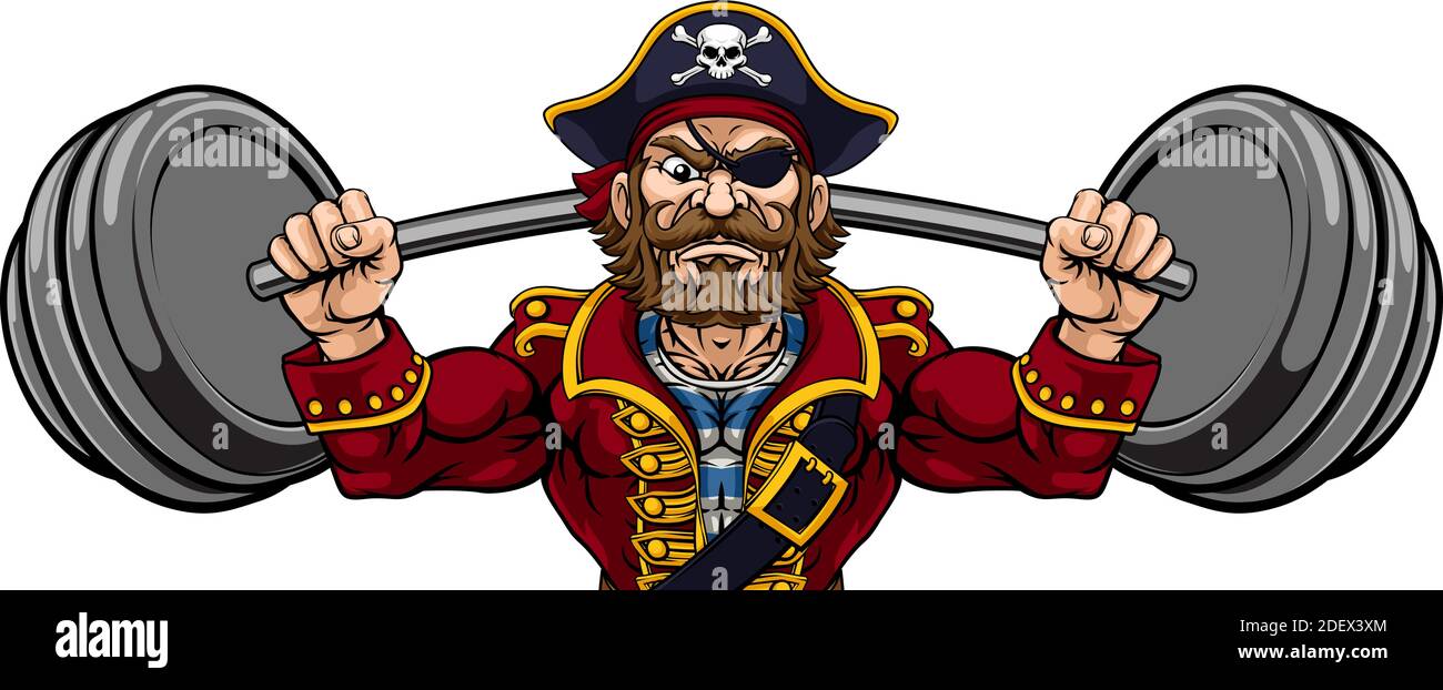 Pirate levée de poids Barbell Cartoon Mascot Illustration de Vecteur