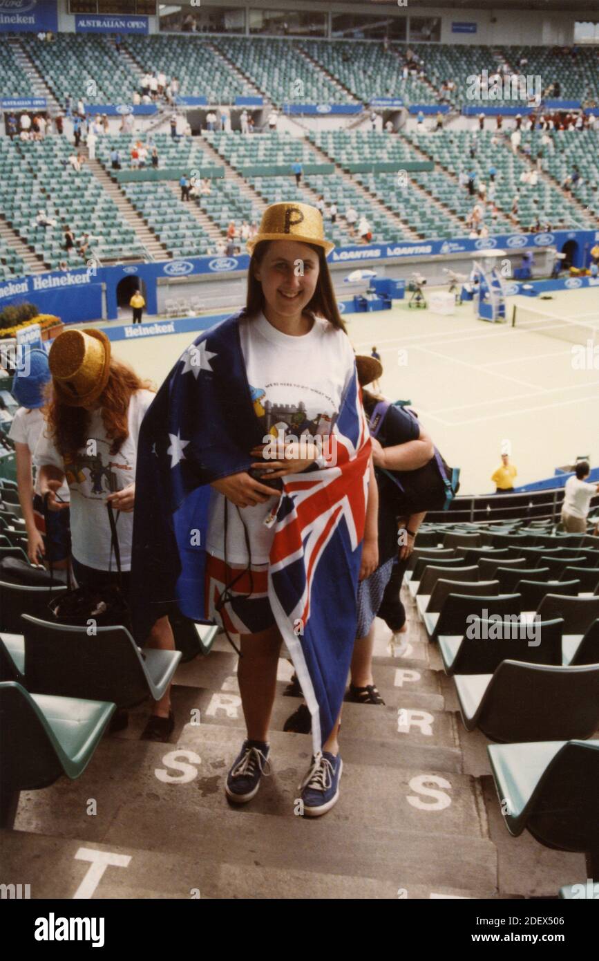 Supporter australien au match de tennis, années 1990 Banque D'Images