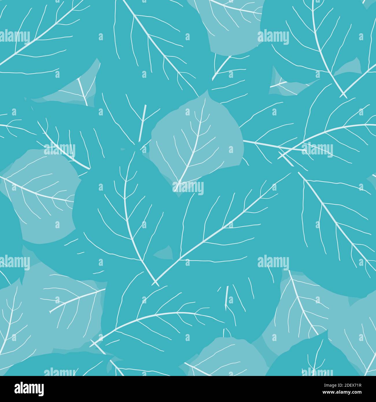 Fond monochrome de motif vectoriel transparent aux feuilles de peuplier faux-tremble bleu ciel. Chevauchement de feuilles dessinées à la main dispersées toile de fond abstraite de texture. Botanique Illustration de Vecteur