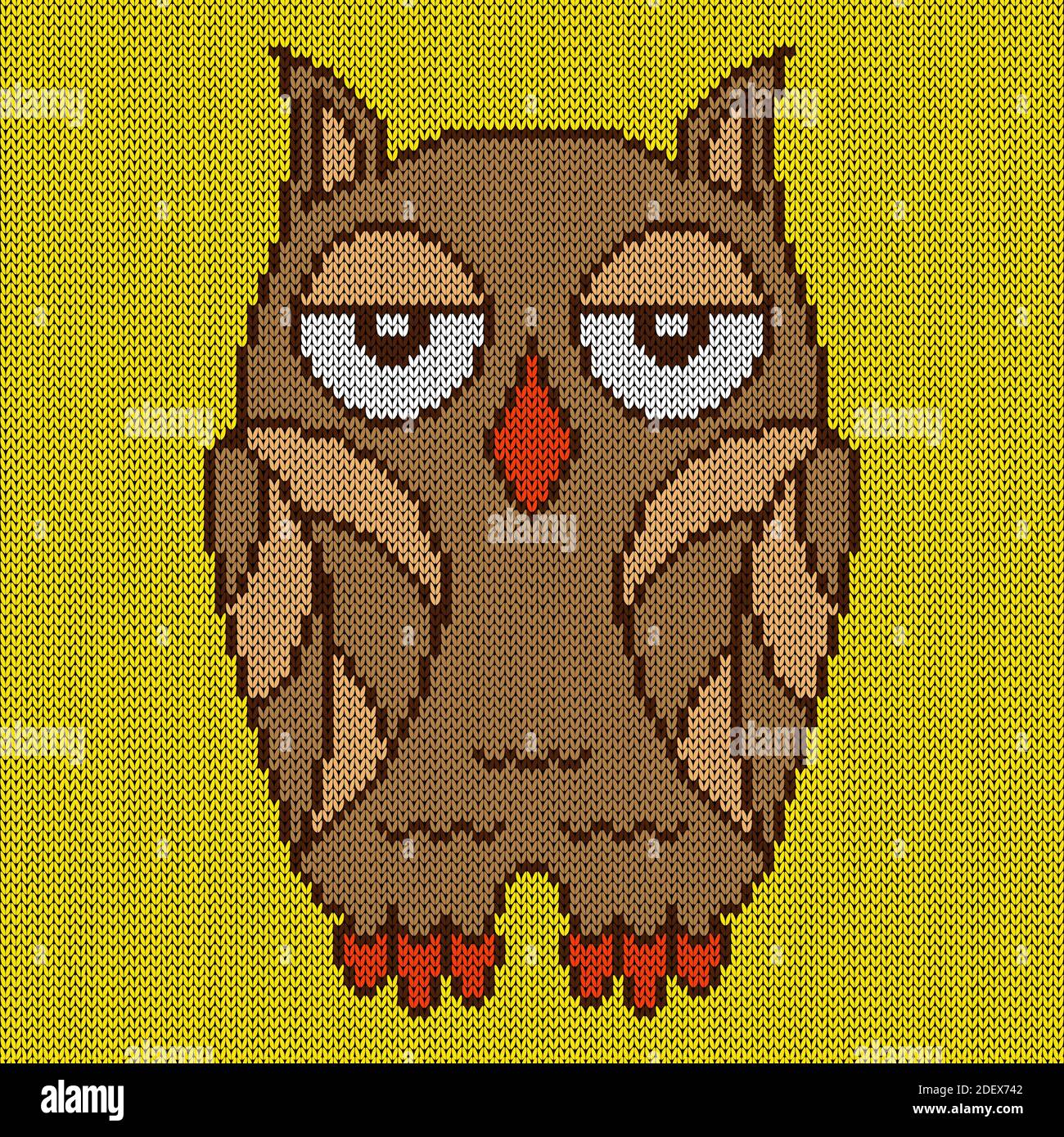 Tricotage de dessin animé hibou endormi avec de grands yeux dans des teintes beige sur fond jaune, illustration pour la production textile Illustration de Vecteur