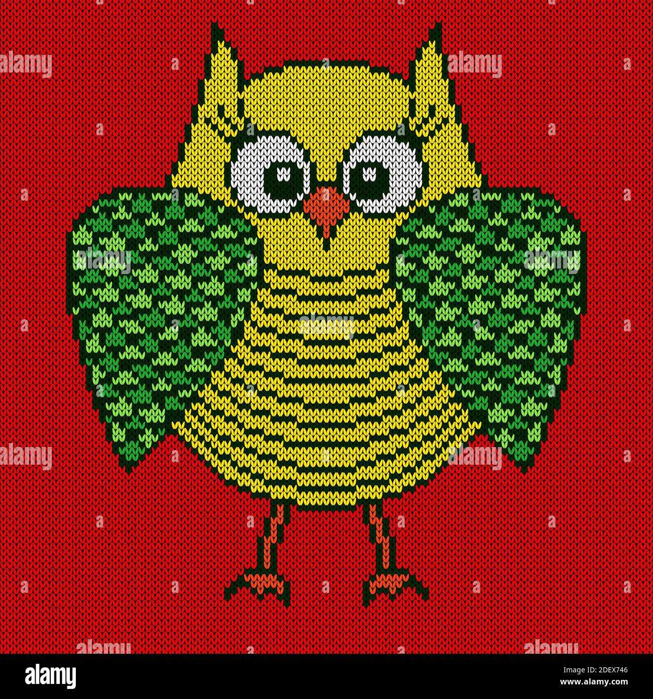 Le tricot de grand hibou cartoon grave en vert et jaune sur le fond rouge, illustration pour la production textile Illustration de Vecteur