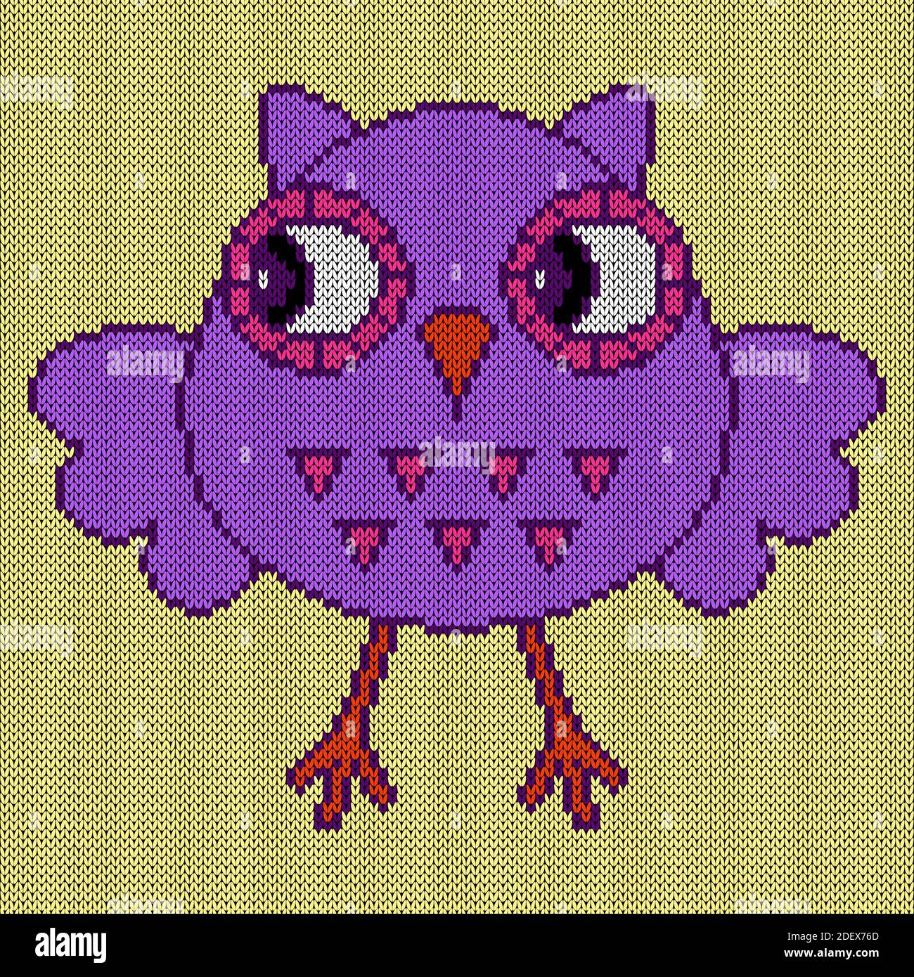 Tricotage de dessin humoristique hibou drôle avec des ailes soulevées et de grands yeux dans des teintes violettes et roses sur le fond jaune pâle, illustration pour la productio textile Illustration de Vecteur