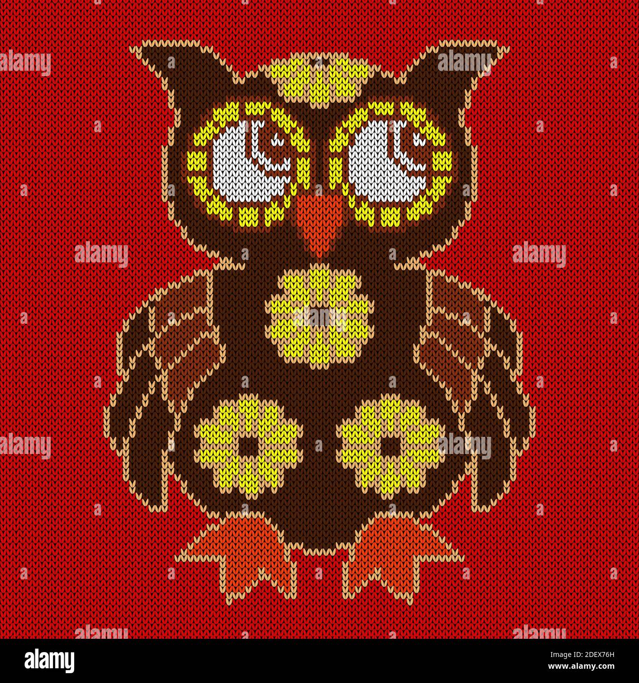 Tricotage du grand hibou intéressé dans les couleurs marron, beige et jaune sur fond rouge, illustration pour la production textile Illustration de Vecteur