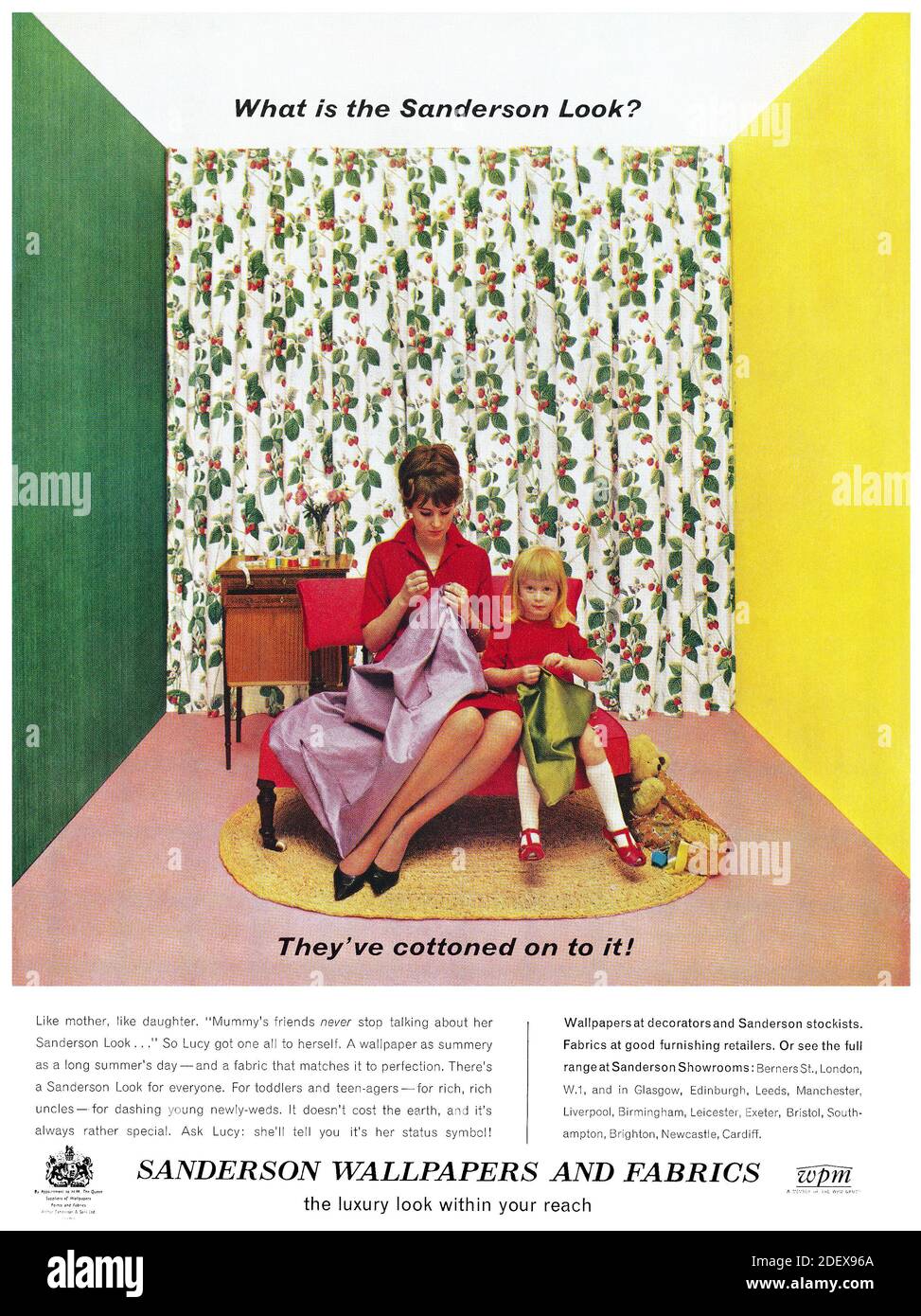 1964 publicité britannique pour les papiers peints et les tissus Sanderson. Banque D'Images