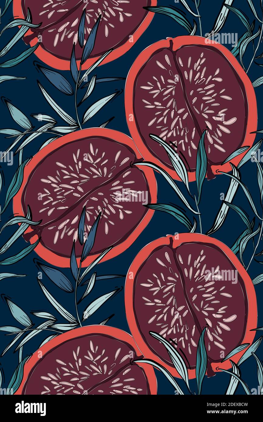 Motif floral, feuilles et fond de figue à la grenade rouge. Motif botanique sans couture, texture mode, motifs africains. Collection d'été exotique de plage Illustration de Vecteur