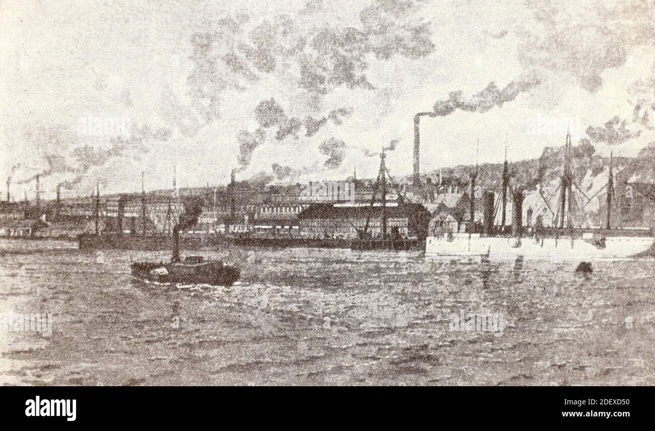 Vue générale des usines métallurgiques de New Castle. Gravure de 1887. Banque D'Images