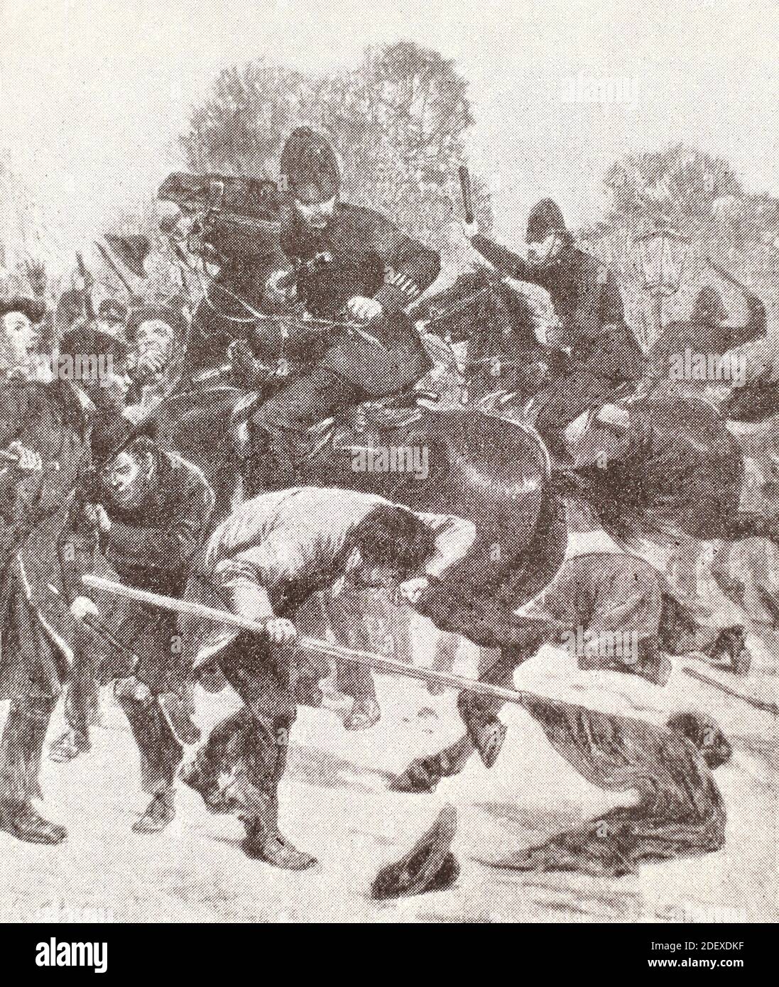Répression policière contre un rassemblement de chômeurs à Londres. Gravure de 1887. Banque D'Images
