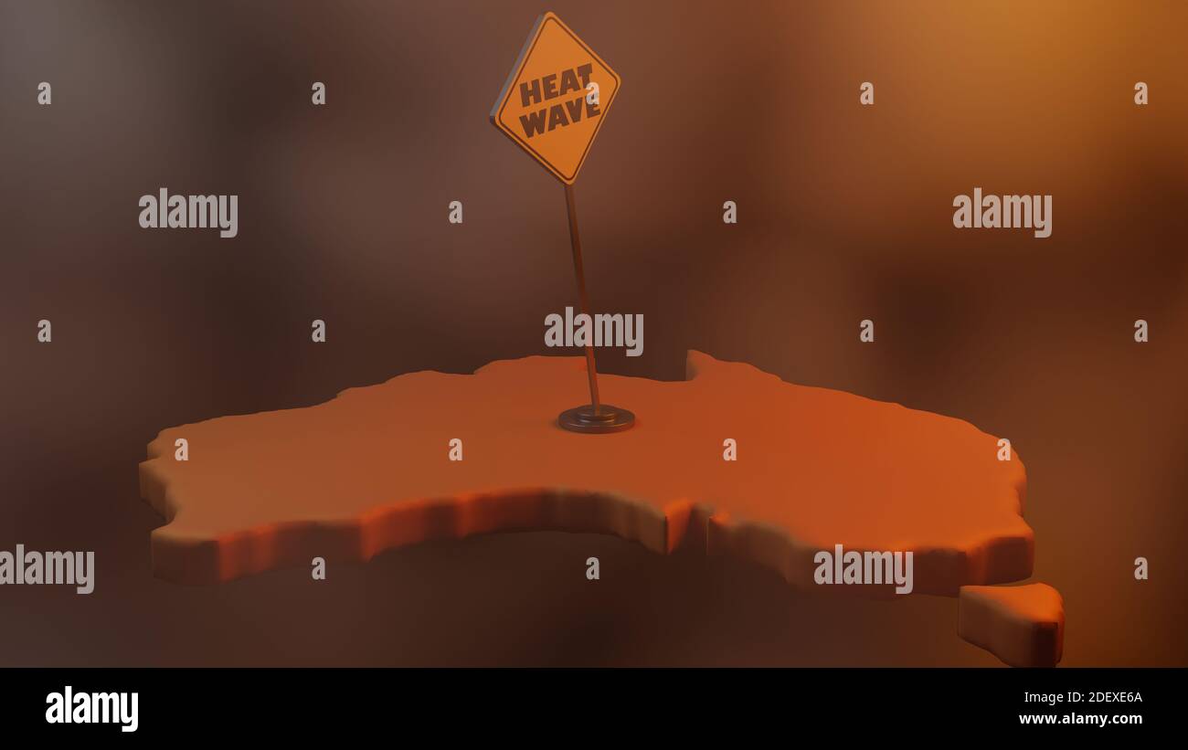 Panneau de route à vagues de chaleur sur la carte de l'Australie. Concept de condition d'onde de chaleur. Rendu 3D. Banque D'Images