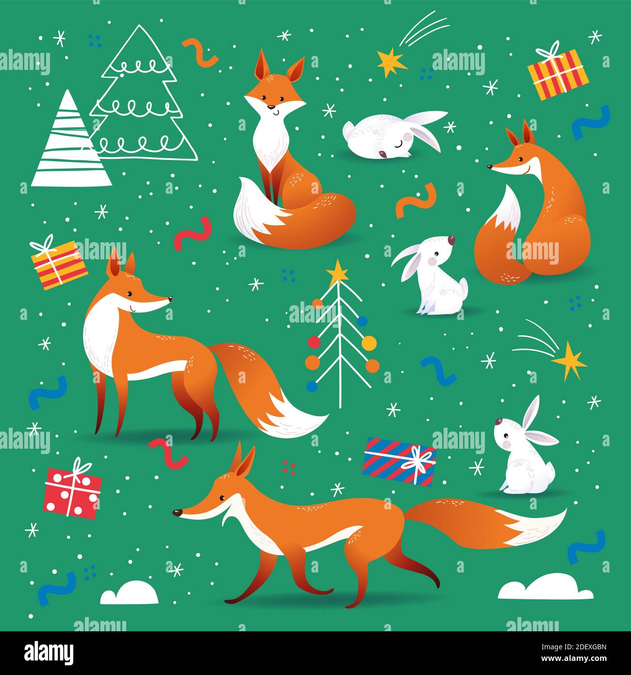 Vacances du nouvel an dans le style scandinave nordique dessiné à la main avec des renards mignons Illustration de Vecteur