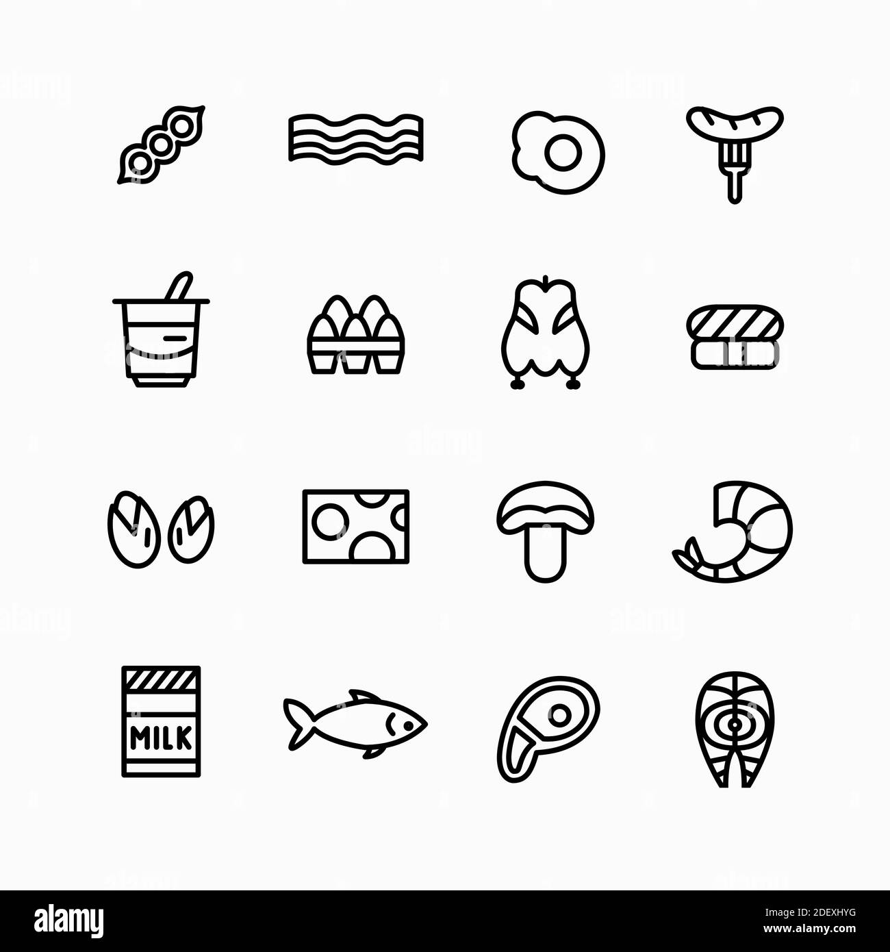 Icônes de la gamme de produits alimentaires définies. Principaux types de source de protéines. Contour modifiable Illustration de Vecteur