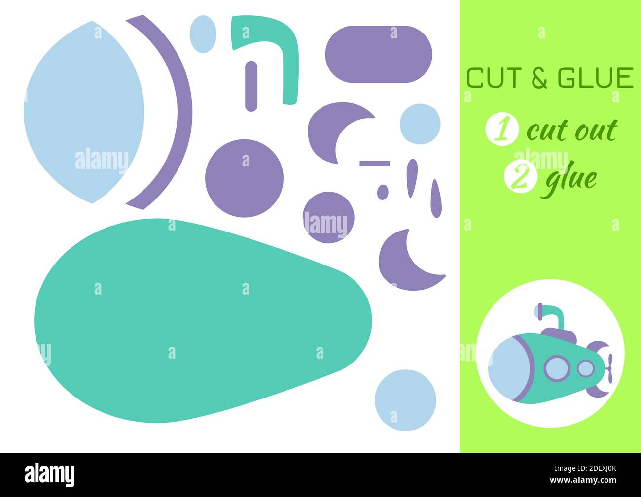 Couper et coller le sous-marin en papier. Jeu d'application de découpe de papier couleur. Jeu éducatif pour les enfants d'âge préscolaire. Fiche d'activité DIY. Illustration de Vecteur