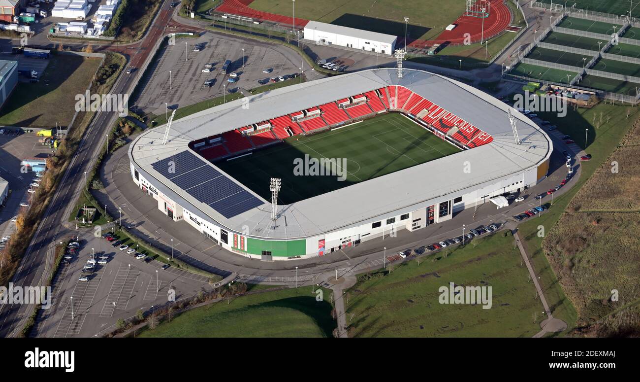 Vue aérienne du terrain de football de Doncaster Rovers - le stade Eco-Power Banque D'Images